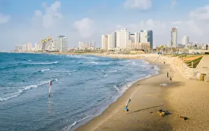 View of Neve Tzedek district skyline and Mediterranean in the evening, Tel Aviv, Israel