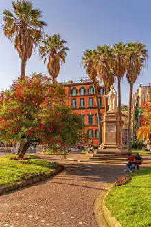 Italian City Prints: View of Nicola Amore statue and colourful architecture in Piazza della Vittoria