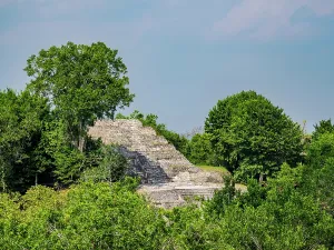 Central Prints: View of North Acropolis at Yaxha Archaeological Site in Guatemala surrounded by green vegetation and trees