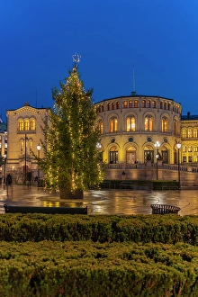 Oslo Prints: View of Norwegian Parliament during Christmas at dusk, Oslo, Norway, Scandinavia