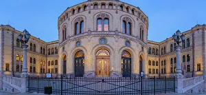 Public Space Prints: View of Norwegian Parliament at dusk, Oslo, Norway, Scandinavia, Europe