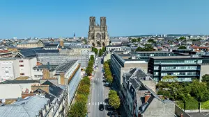 Streets Prints: View of Notre Dame cathedral in Reims from above showing surrounding buildings and streets in France