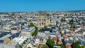 Streets Prints: View of Notre Dame cathedral from above showcasing surrounding cityscape in Reims, France