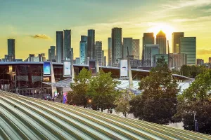 Lively Prints: View from O2 Arena to Canary Wharf, London, England