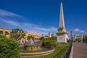 View of the Obelisc de Ciutadella in Placa des Born, Ciutadella, Menorca, Balearic Islands, Spain, Mediterranean, Europe