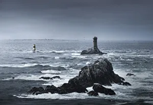 Finistere Prints: View of the ocean at Pointe du Raz with two lighthouses