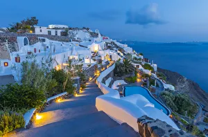 Cyclades Prints: View of Oia village at dusk, Santorini, Aegean Island, Cyclades Island, Greek Islands