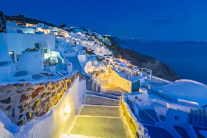 View of Oia village at dusk, Santorini, Aegean Island, Cyclades Island, Greek Islands