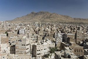 Images Dated 8th February 2008: View across Old City of traditional tall brick-built houses, Sana a
