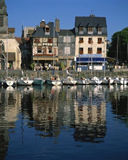 Calvados Prints: View across old harbour to restaurant on the St. Etienne Quay, at Honfleur