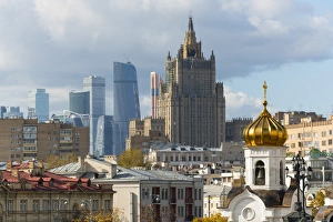 Typically Russian Prints: View of old and new skyscrapers, Moscow, Russia, Europe