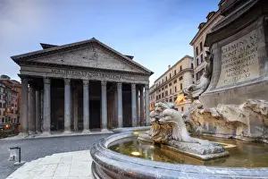 Portico Prints: View of old Pantheon a circular building with a portico of granite Corinthian columns and fountains