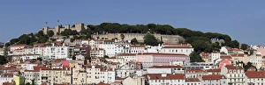 Typically Portuguese Prints: View over the old town to Castelo de Sao Jorge castle, Lisbon, Portugal, Europe