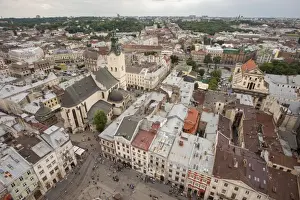Ukraine Prints: View of old town from top of City Hall Tower, UNESCO World Heritage Site, Lviv, Ukraine