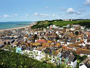 Hastings Prints: View over Old Town with coastal landscape overlooking Hastings in East Sussex during daylight