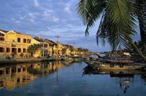 Vietnam Prints: View of old town and fishing boats along Thu Bon River