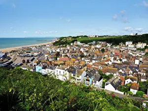 Hastings Prints: View across the Old Town of Hastings from East Hill on a sunny day in East Sussex in the United Kingdom