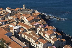 Cefalu Prints: View of Old Town from La Rocca, Cefalu, Sicily, Italy, Mediterranean, Europe
