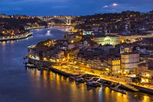 Porto Prints: View over the old town from Serra do Pilar Monastery at dusk, Porto, Portugal, Europe