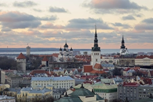 Spires Prints: View over Old Town at sunset, UNESCO World Heritage Site, Tallinn, Estonia, Europe