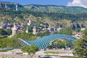 Pedestrian Bridge Prints: View over the old town of Tiblisi with a new constructed pedestrian bridge
