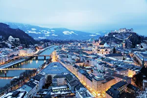 Austria Prints: View over the old town, UNESCO World Heritage Site, and Hohensalzburg Castle at dusk
