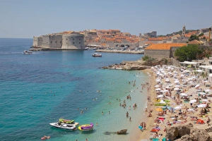View of Old Town, UNESCO World Heritage Site, and Ploce Beach, Dubrovnik, Dalmatian Coast, Croatia, Europe