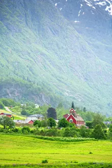 Norwegian Prints: View of Olden New Church in Olden village and mountains in Nordfjorden during summer
