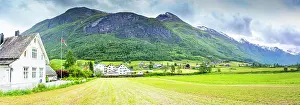 Scandinavian Prints: View of Olden village and mountains in Nordfjorden during summer