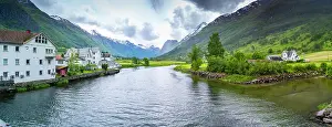 Fjords Prints: View of Olden village, mountains and Oldeelva river in Nordfjorden during summer