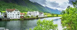Days Prints: View of Olden village, mountains and Oldeelva river in Nordfjorden during summer