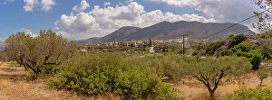 Woodlands Prints: View of olive trees with hills and cloudy sky near Piskopiano village in Crete