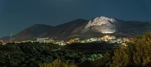 Crete Prints: View of olive trees and mountains near Piskopiano village at night in Crete, Greece