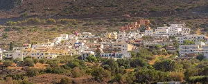 Crete Prints: View of olive trees surrounding Piskopiano village in Crete with a backdrop of hills in Greece