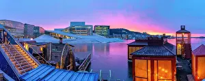 Saunas Prints: View of Opera House and harbourside saunas during winter at sunrise
