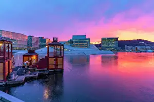 Saunas Prints: View of Opera House and harbourside saunas during winter at sunrise