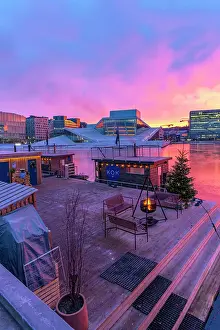 Saunas Prints: View of Opera House and harbourside saunas during winter at sunrise
