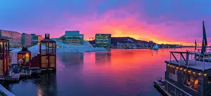 Saunas Prints: View of Opera House and harbourside saunas during winter at sunrise