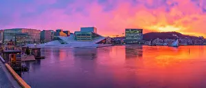 Saunas Prints: View of Opera House and harbourside saunas during winter at sunrise