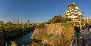 Chuo Prints: View of Osaka Castle (Osaka-jo) and moat at sunset, Chuo Ward, Osaka, Honshu, Japan