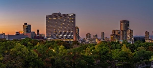 Chuo Prints: View of Osaka skyline from Osaka Castle at dusk, Chuo Ward, Osaka, Honshu, Japan
