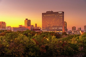 Chuo Prints: View of Osaka skyline from Osaka Castle at sunset