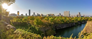 Chuo Prints: View of Osaka skyline from Osaka Castle at sunset, Chuo Ward, Osaka, Honshu, Japan