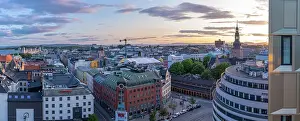 Local Life Prints: View of Oslo Cathedral and city skyline from elevated position at sunset