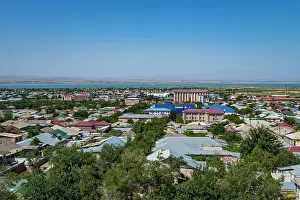 Homes Prints: View from the overlook showing the city and landscape of Nakhchivan in Azerbaijan during a clear day with blue skies