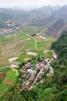 Irrigation Prints: View of paddy fields and rural houses in Dong Van area of Ha Giang province in Northern Vietnam