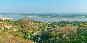 Mandalay Prints: View of pagodas at Sagaing Hill and Irrawaddy River, Mandalay, Myanmar (Burma), Asia