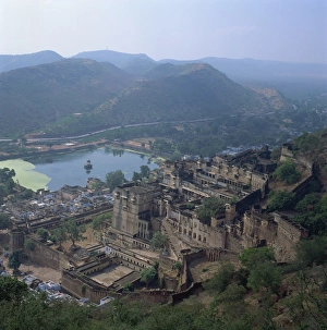 View of palace from fort, Bundi, Rajasthan state, India, Asia