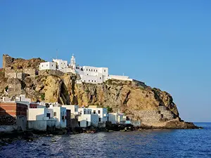 View towards the Panagia Spiliani, Blessed Virgin Mary of the Cave Monastery, Mandraki, Nisyros Island, Dodecanese, Greek Islands, Greece, Europe
