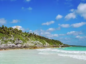 Quintana Prints: View over Paradise Beach towards the Tulum Lighthouse, Tulum, Quintana Roo State, Mexico